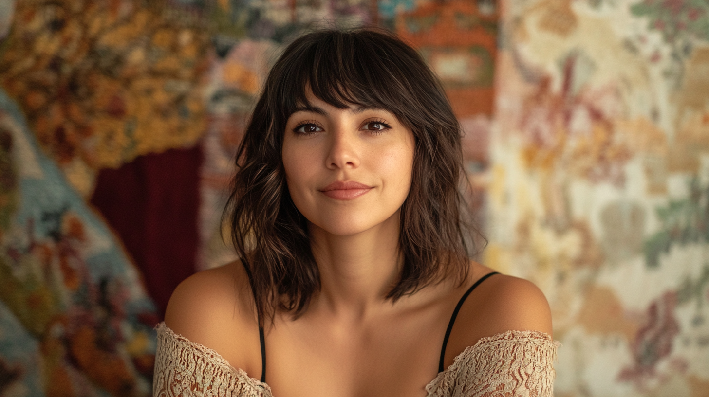 Retrato de una mujer frente a un fondo cálido y colorido.